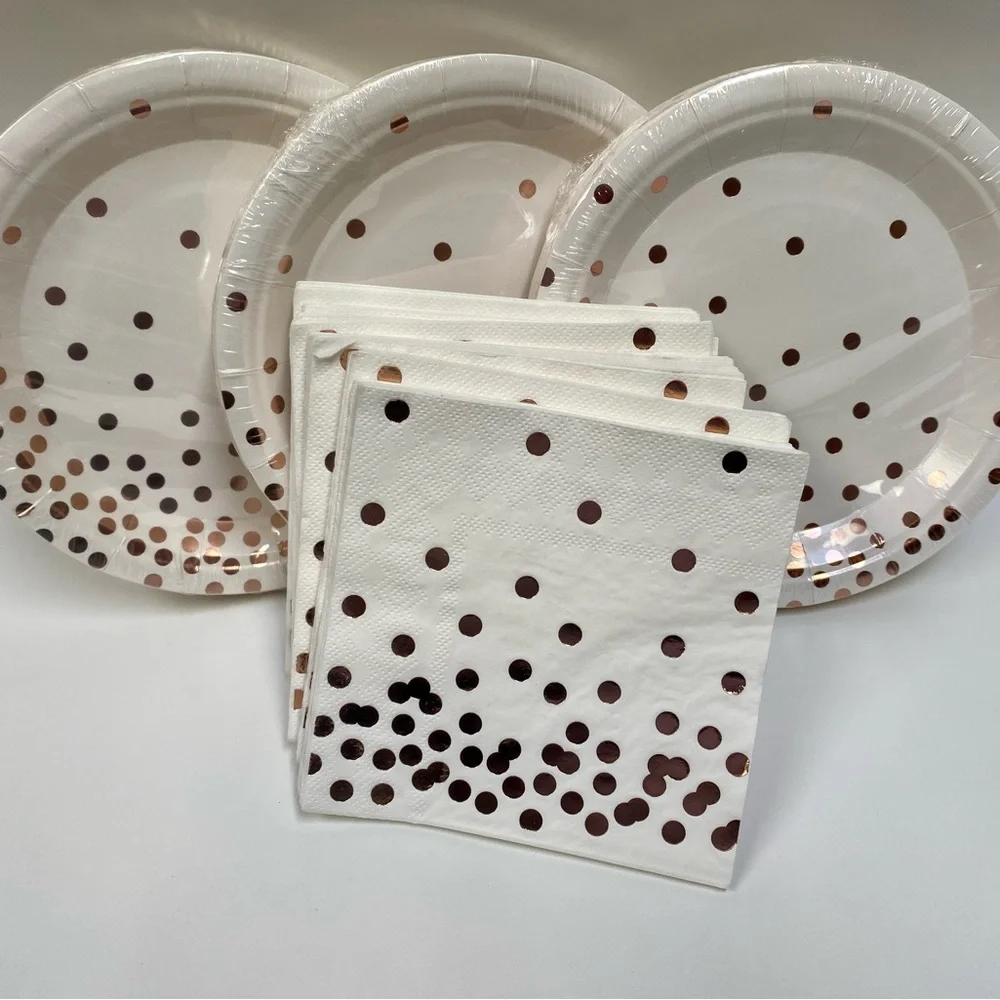 Rose Gold Polka Dot Paper Plates and Napkins & Hooray Cake Topper, 75  7” plates